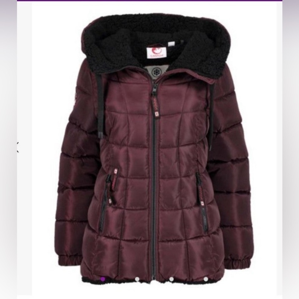 CANADA Weather‎ Gear - women’s Sherpa lined Puffer hooded Coat Burgundy/ black L